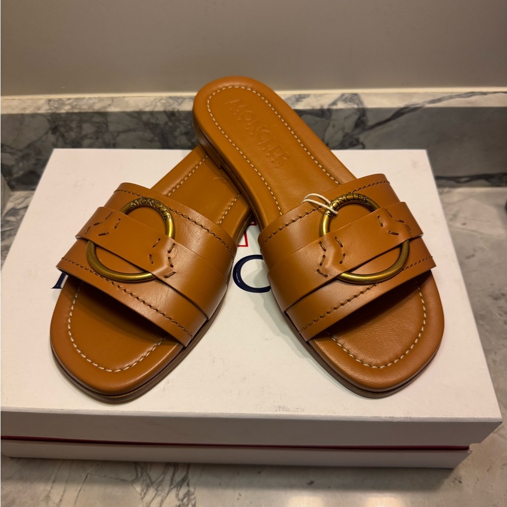 Moncler Tan Leather Slide Sandals
